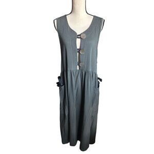Amy Rigg Jumper Dress Gray Black Stripe Sleeveless Button Front Bow Pocket Small